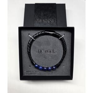 HE ROCKS Men’s Leather Bracelet Blue Beads Stainless Steel 8.25